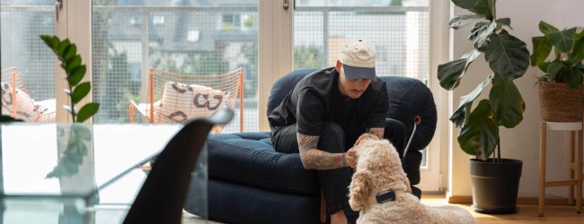 Mann streichelt Hund im Haus